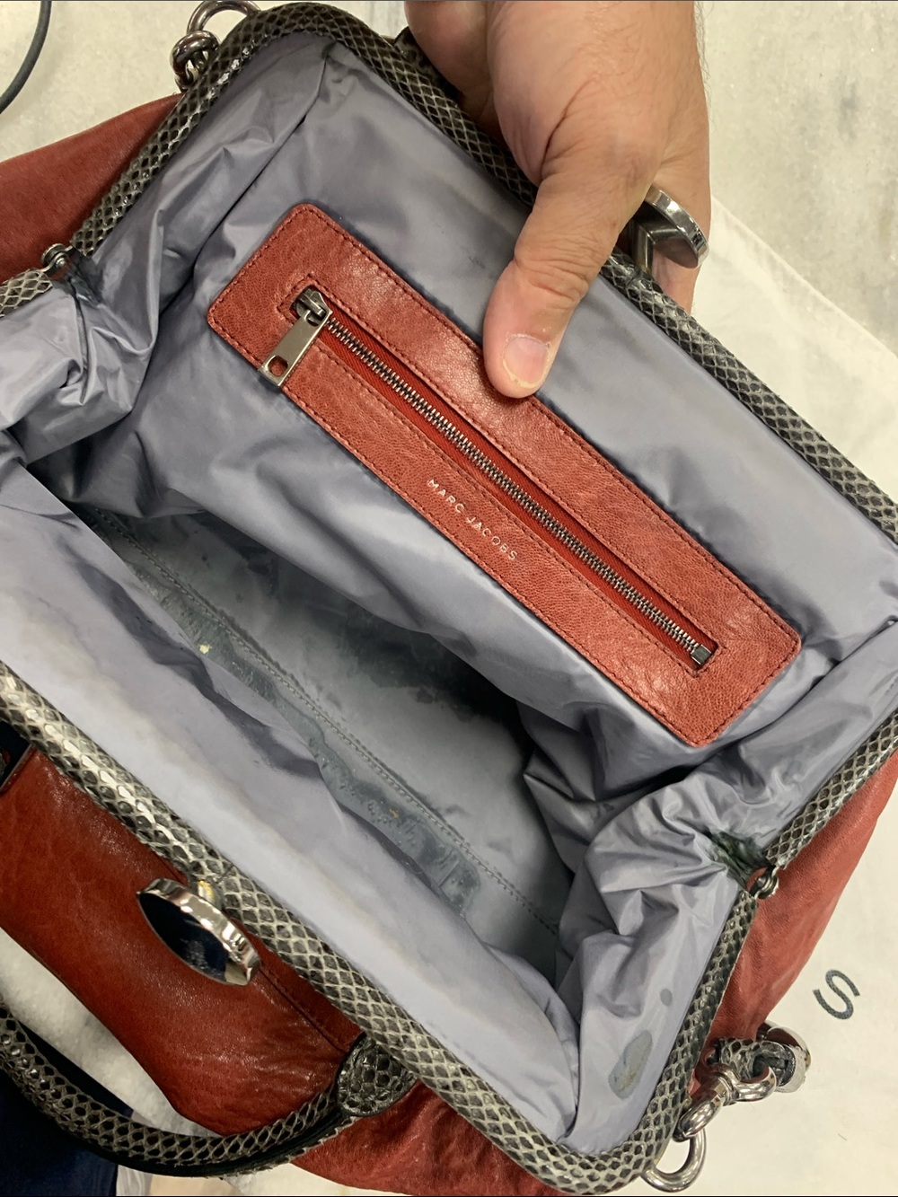 Marc Jacobs Rust Red Leather Shoulder Bag with Gray Snake-Trim and Silver Chain - Picture 6 of 11
